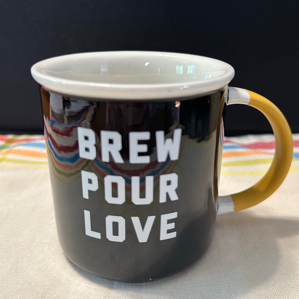 Starbucks Brew‎ Pour Love Coffee Mug 12oz Black Yellow Handle Ceramic 2018 Cup